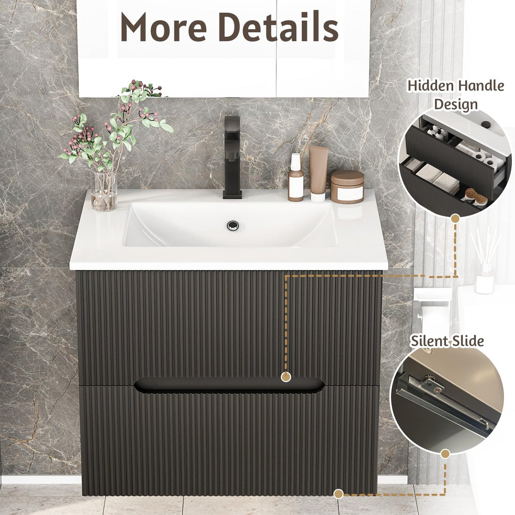 30" Floating Bathroom Vanity with Ceramic Sink - Wall Mounted Vanity Cabinet