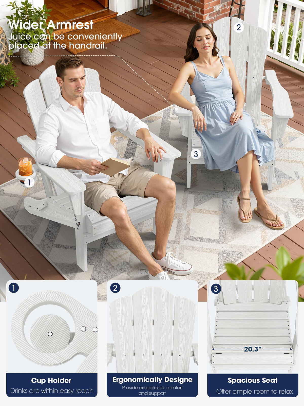 Folding Adirondack Chair Set of 2 with Cup Holder, White