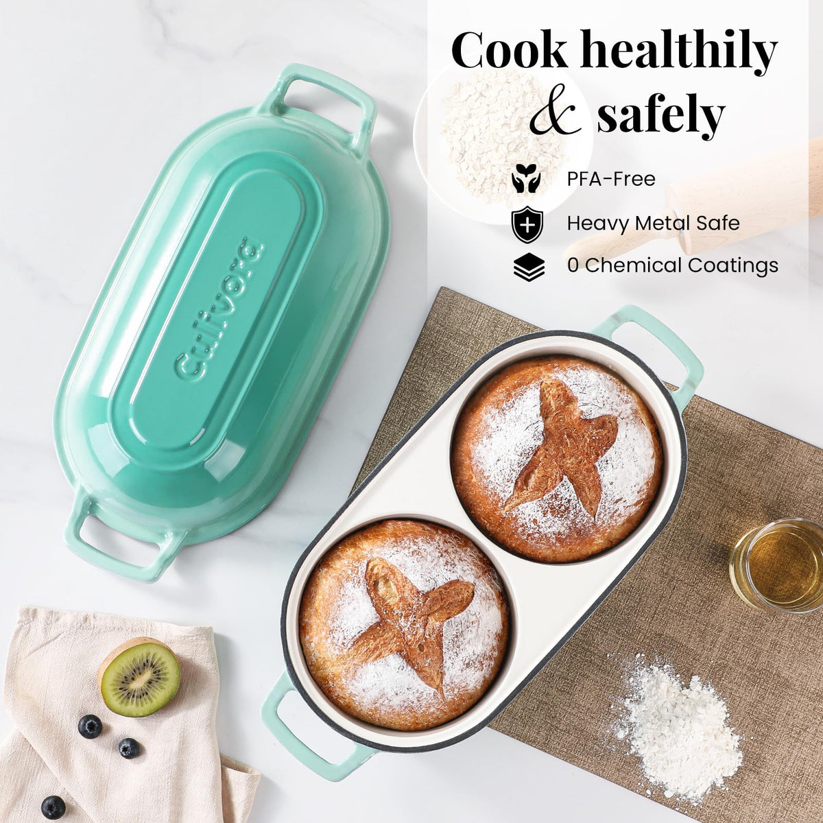 Cast Iron Bread Pan with Lid, Mini Enamel Sourdough Baking Dutch Oven Pot, Double Round Loaf Space made, Bread, Cake