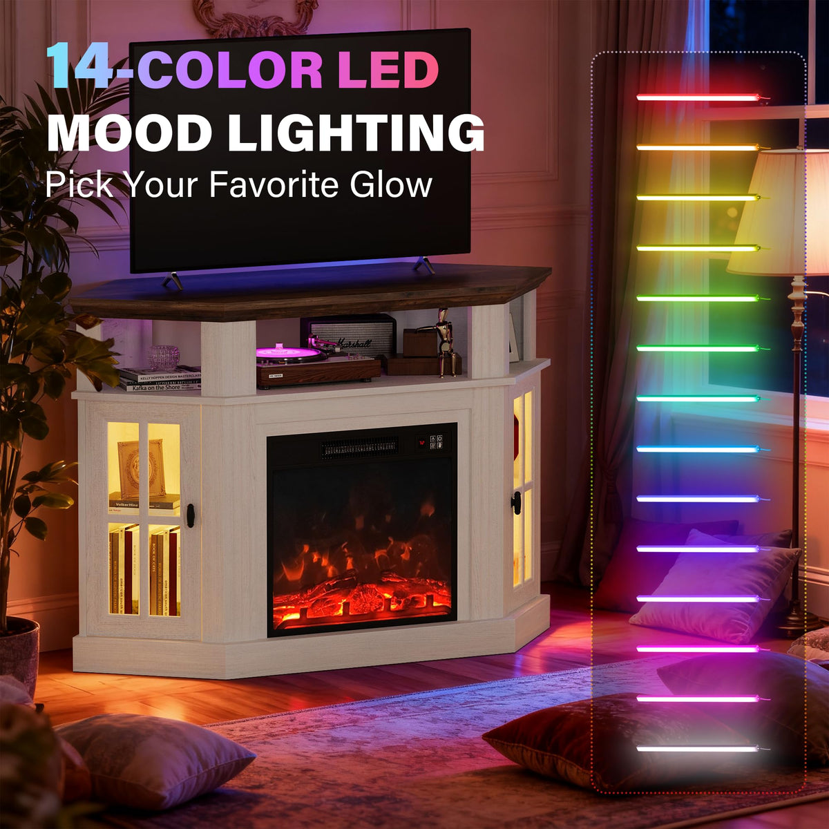 LED Corner Fireplace TV Stand with Mood Lighting, for TVs up to 55" with Storage Cabinets, Entertainment Center
