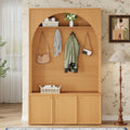 Farmhouse Hall Tree with Storage Bench, 48.7" Arched Entryway Coat Rack Organizer with 4 Metal Hooks, 3 Cabinets
