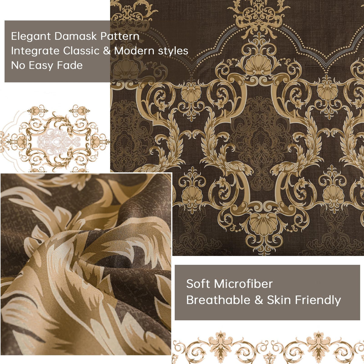 Coffee Comforter Set, 7 Pieces Damask Bed in a Bag