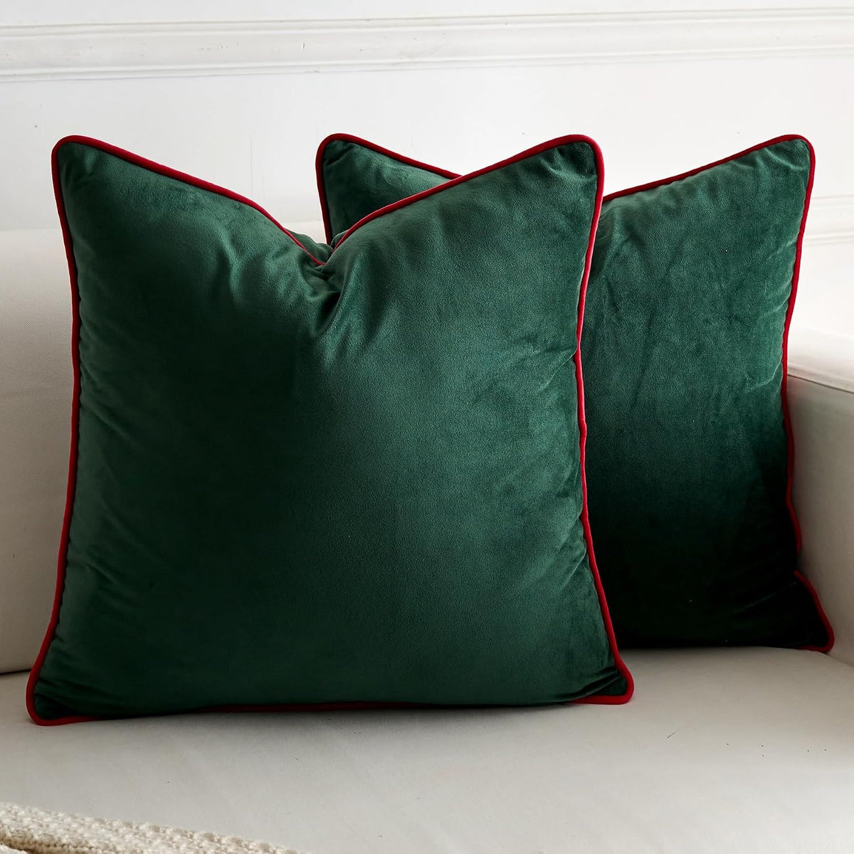 Christmas Dark Green Velvet Throw Pillow Covers Modern Minimalist Style Solid Decorative Red Rope Edging - Set of 2
