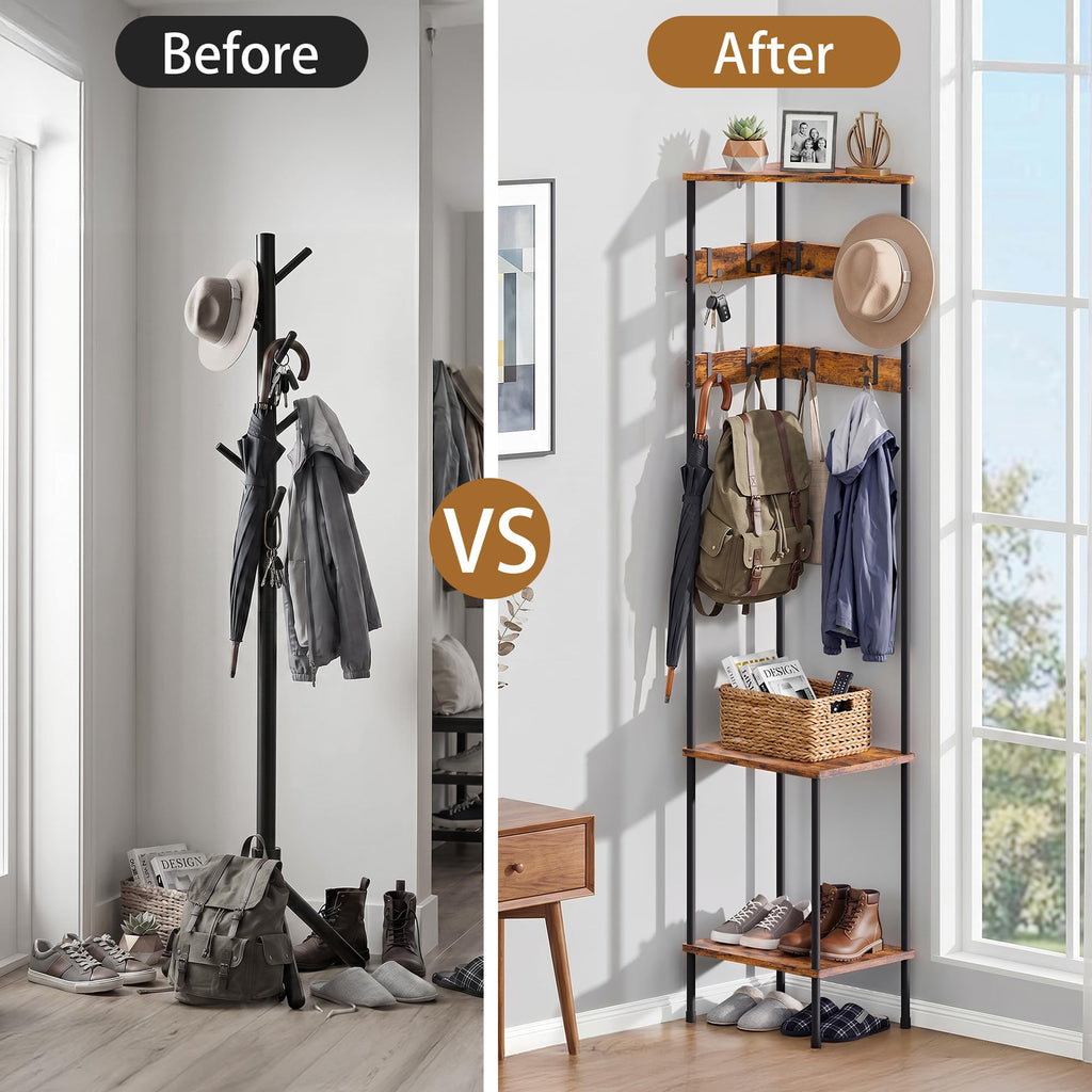 Corner Coat Rack Freestanding with Shelves and 8 Hooks, Rustic Brown