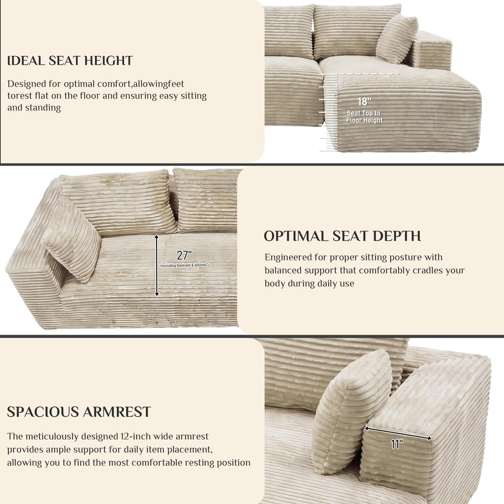 107" L-Shaped Boneless Sectional Sofa with Right-Facing Chaise, Beige