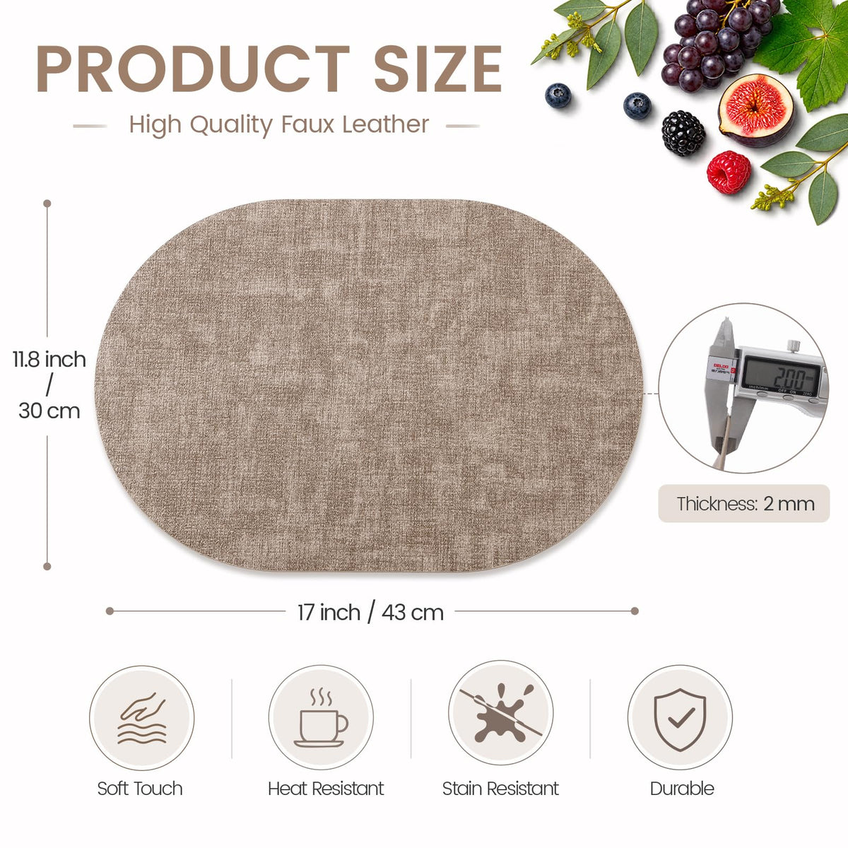 Oval Faux Leather Placemats Set of 6, Easy to Clean, Light Brown