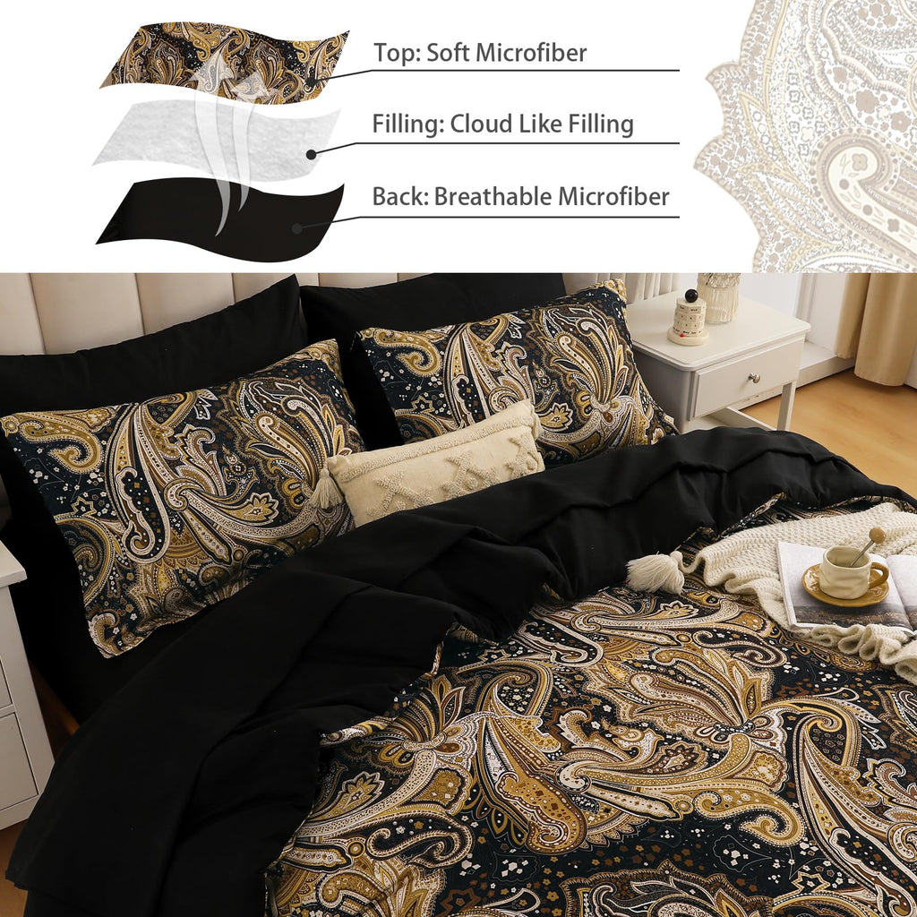 Black Gold Paisley Comforter Set King Size 7 Piece Bed in a Bag