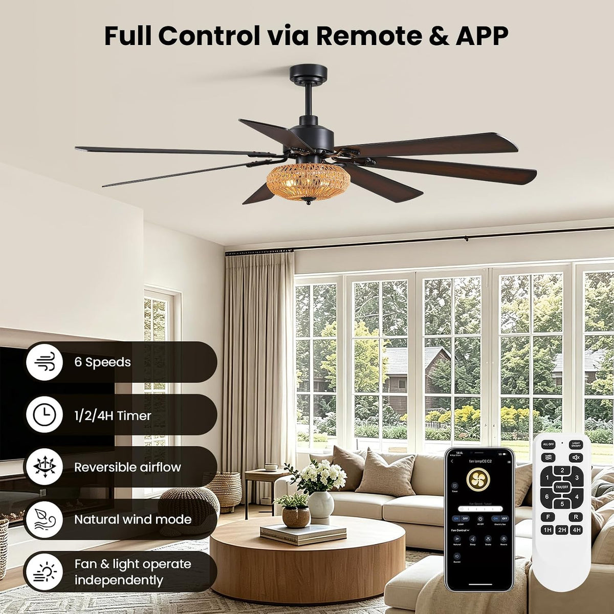72" Matte Black Ceiling Fan with Light & Remote