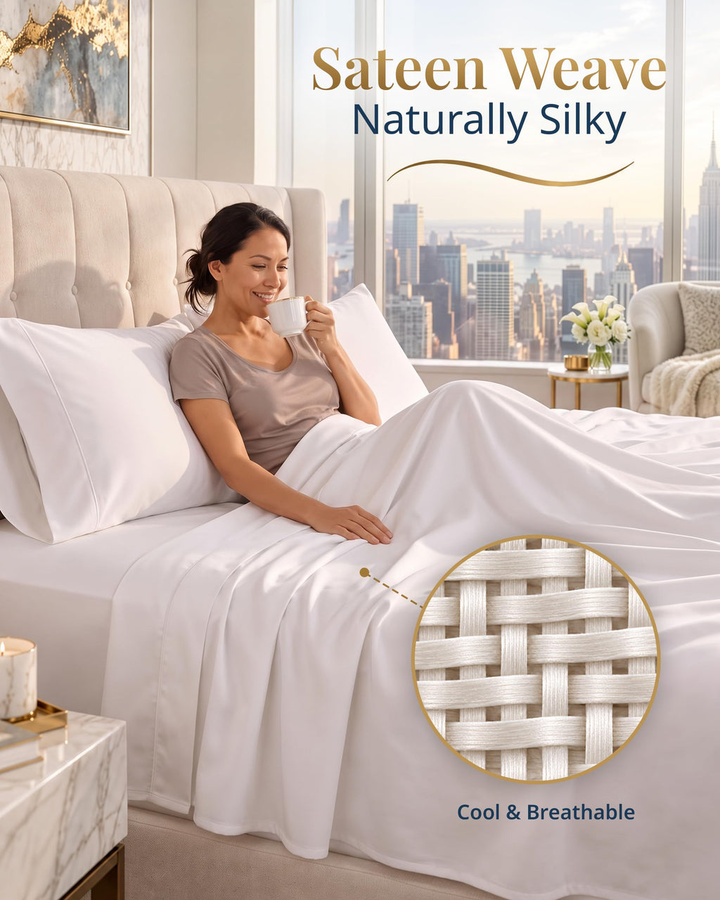 100% Egyptian Cotton Sheets Silky Sateen Weave - White