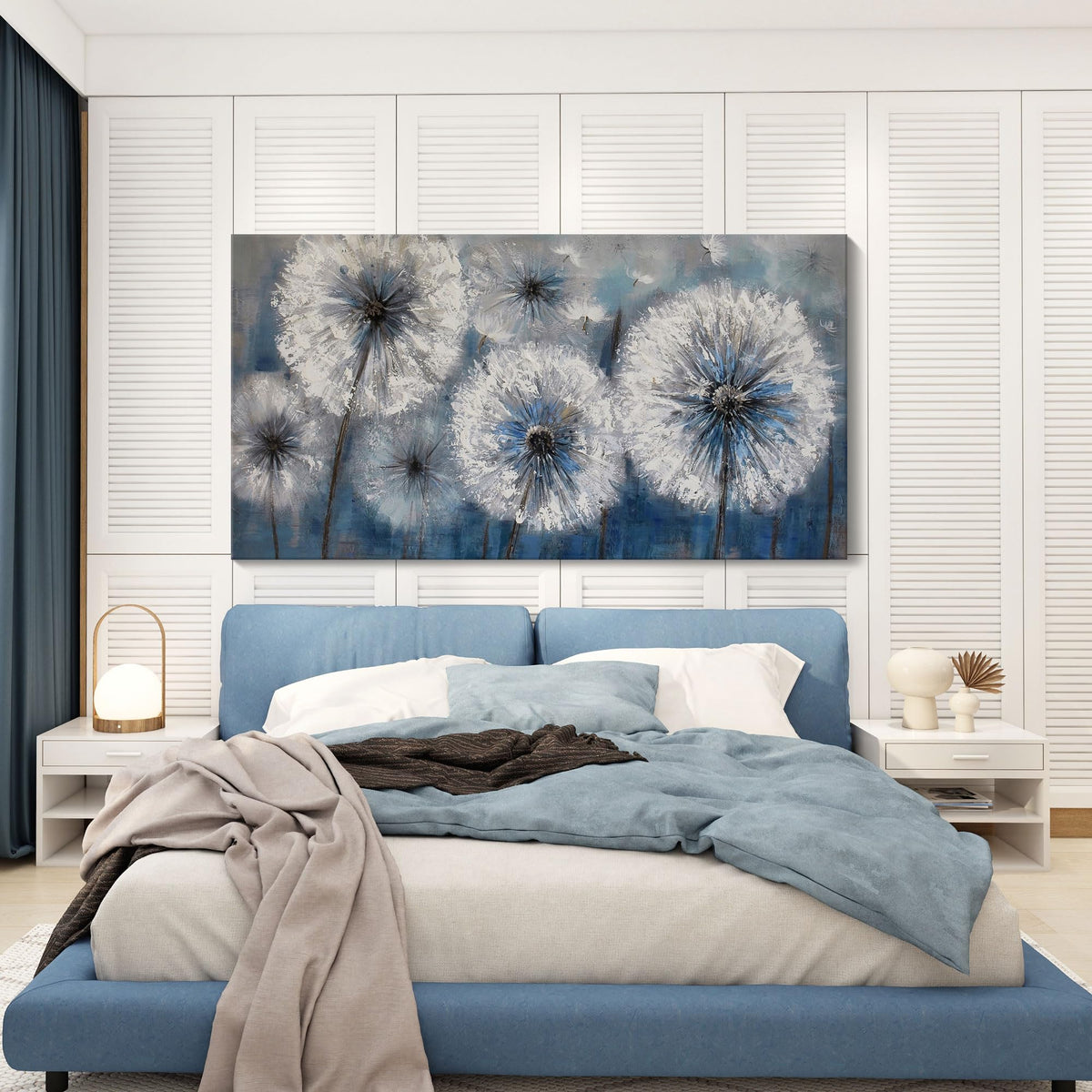 Dandelion Wall Art Blue Large Picture Canvas Art Wall Decor Above Bed White Flower Artwork for Walls Wall Paintings
