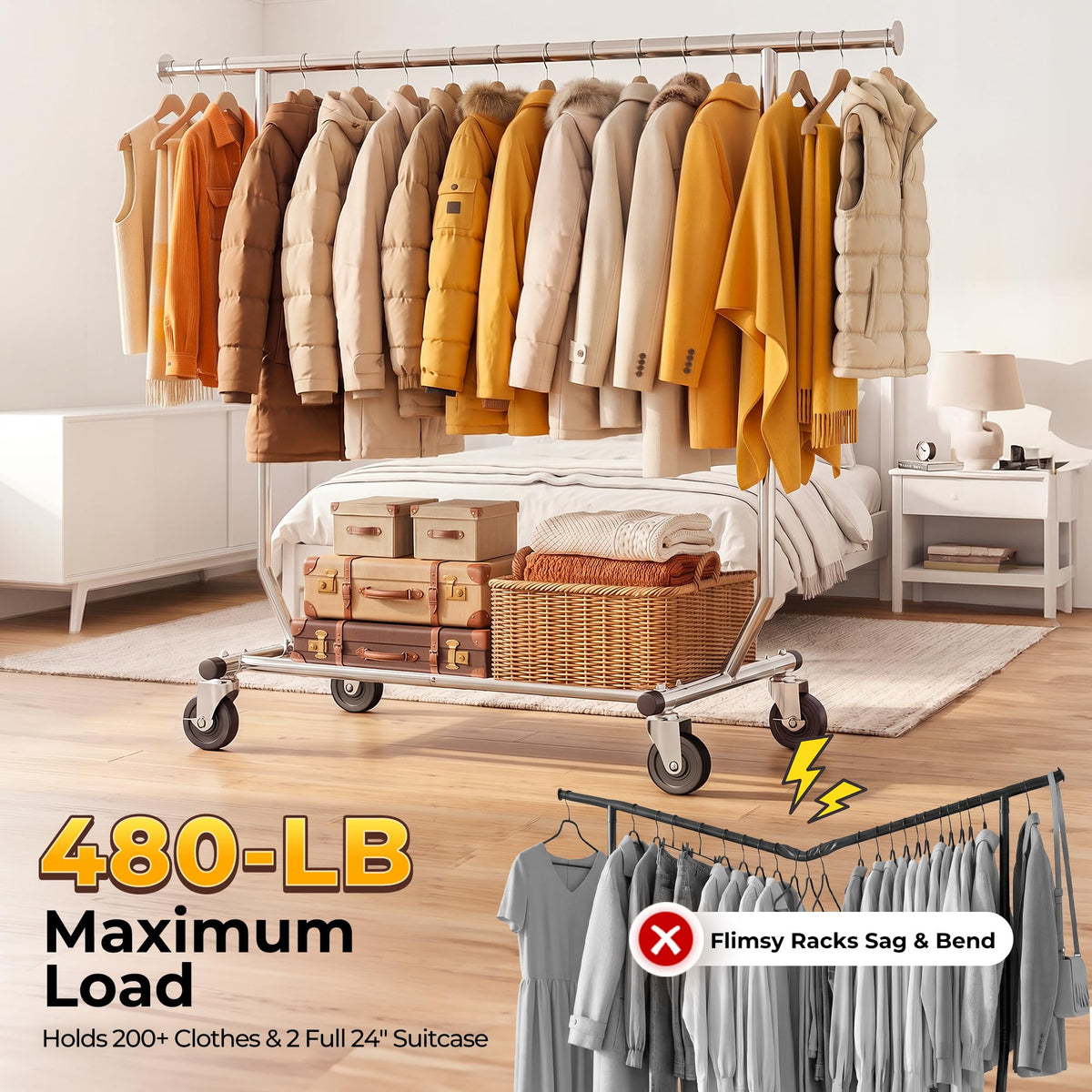 Clothes Rack Rolling Clothing Racks with Wheels Collapsible