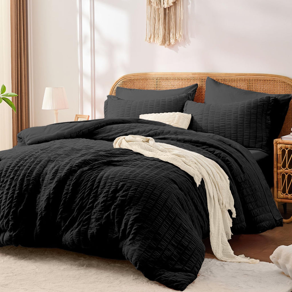 Black Comforter Sets with Sheets, 7 Pcs Seersucker Bed Set