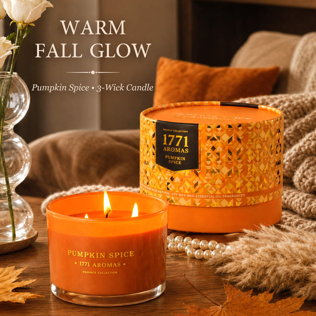 Pumpkin Spice Scented Candle - Aromatherapy Fall Candles - 100% Natural Soy Wax - Large 3 Wick Jar - Up to 40 Hours