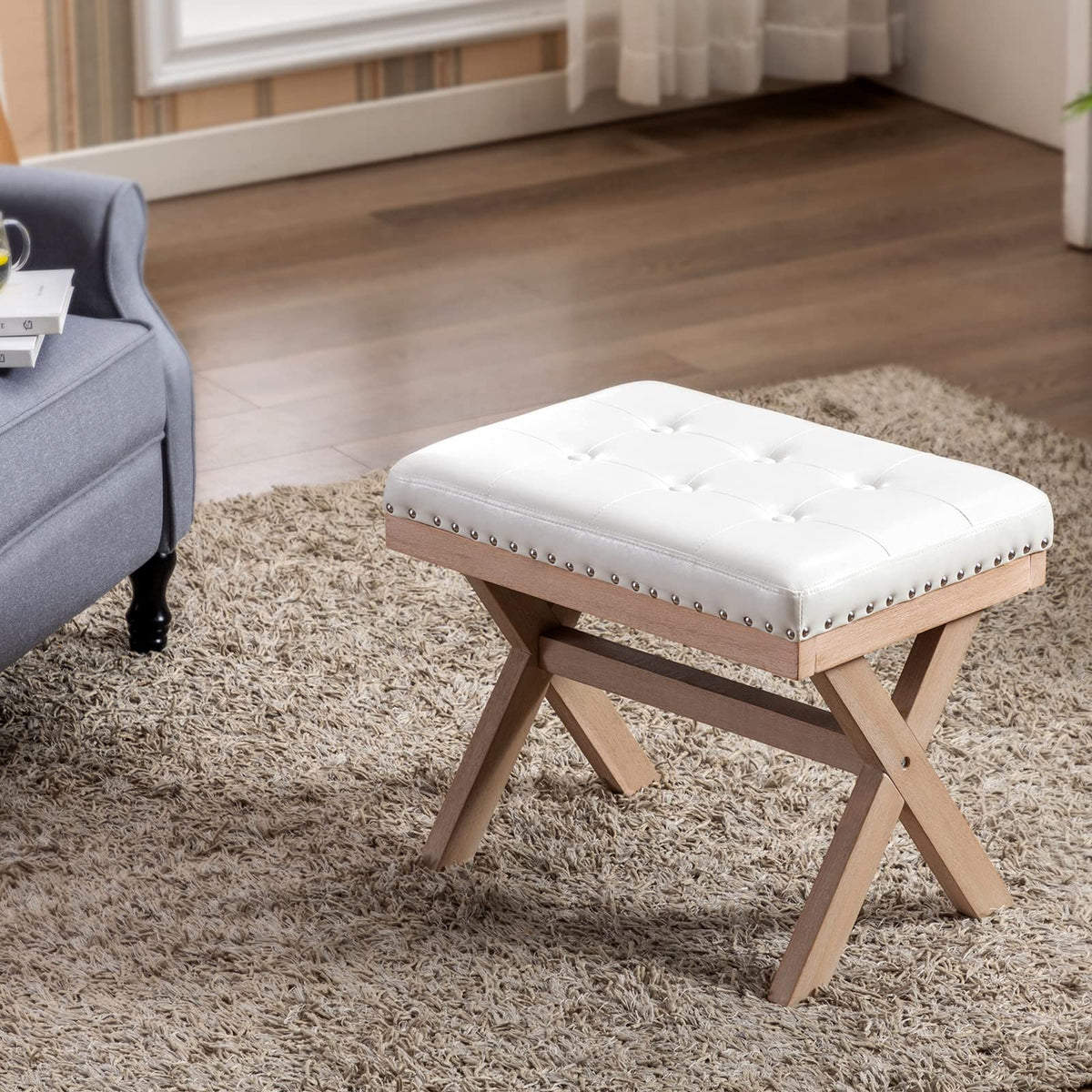 Bench Ottoman Faux Leather Upholstered Entryway Bedroom Bench Footstool Seat with X-Shaped Wooden Legs Bedroom Living