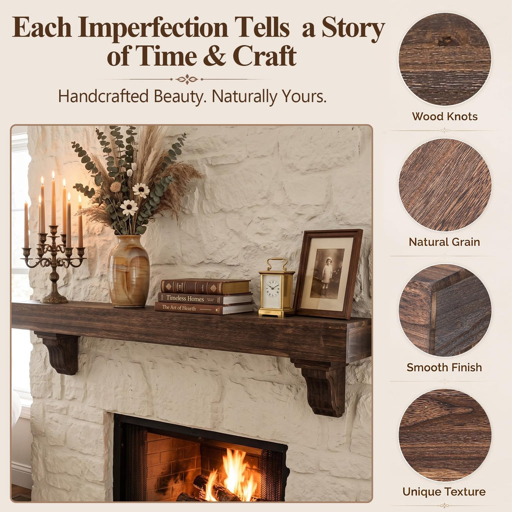 60 Inch Fireplace Mantel Shelf with Corbels Solid Wood Rustic Walnut Finish