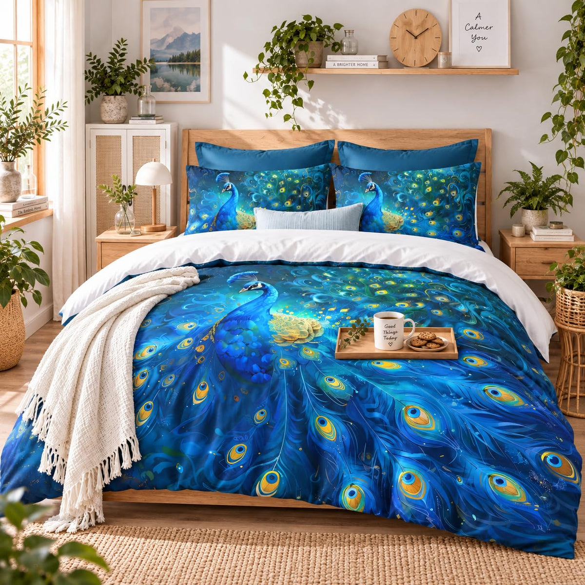 Blue Peacock Queen Size Comforter Set, Bird Animal Feather Bedding Sets, Victorian Ultra Soft Fluffy Microfiber