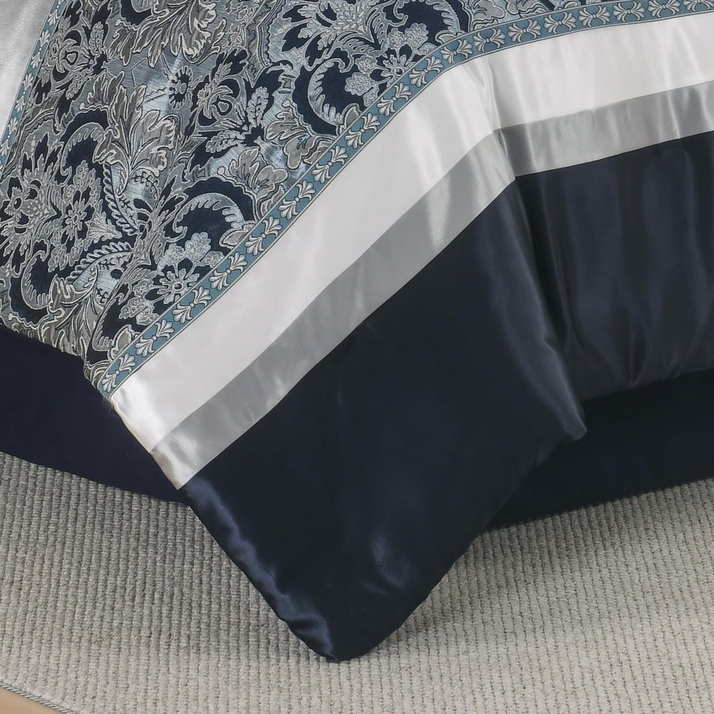 Luxury Comforter Set Damask Jacquard Navy Blue 7 Piece