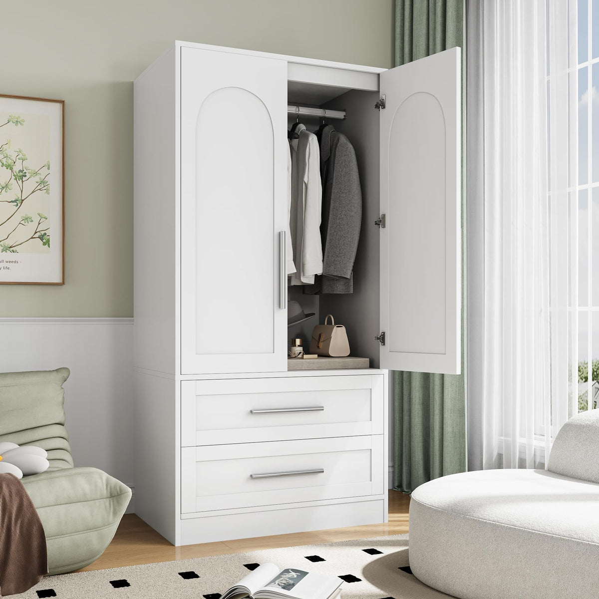 Wooden Armoire Wardrobe Closet with 2 Doors and 2 Drawers, Bedroom Freestanding Armoire Storage Cabinet with