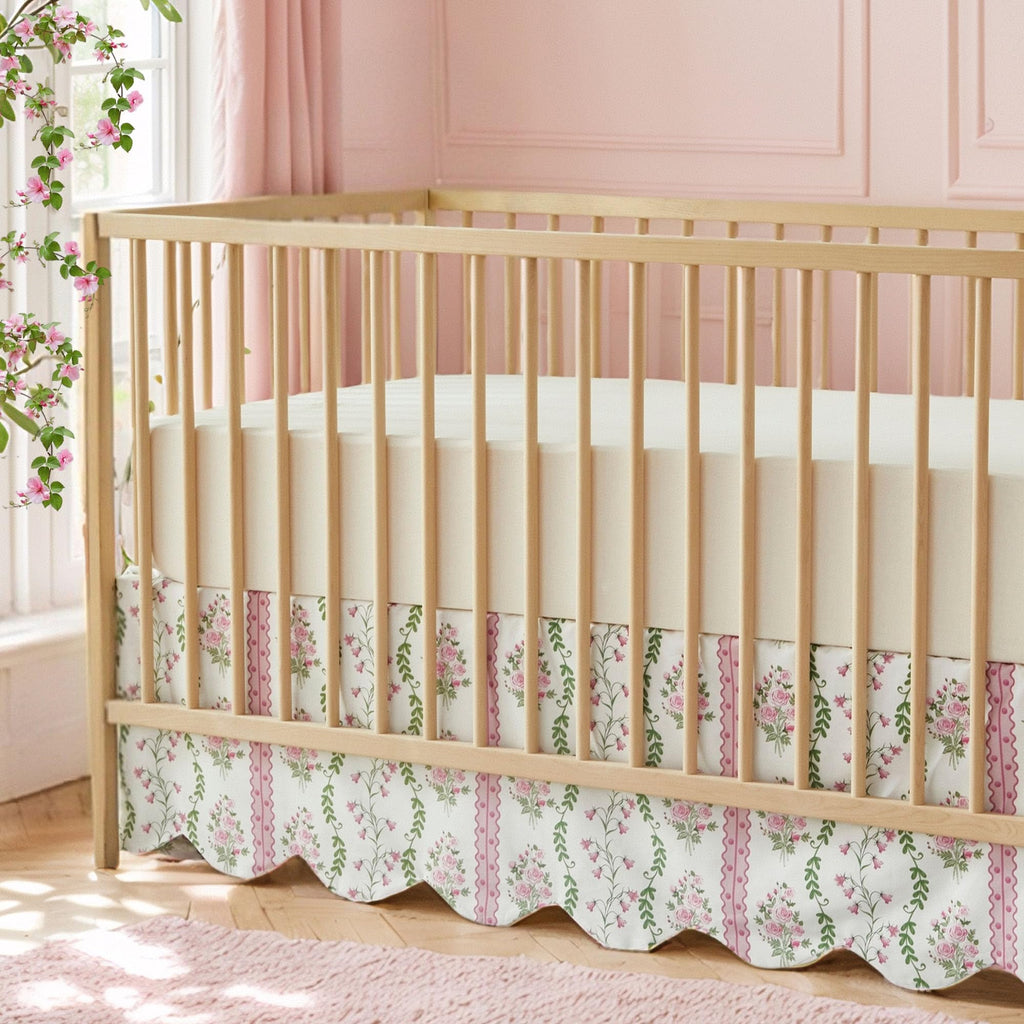 Scallop Edge Crib Skirt Organic Cotton Toddler Bedskirt Floral Stripes and Vines Baby Nursery Crib Bed Skirt Neutral