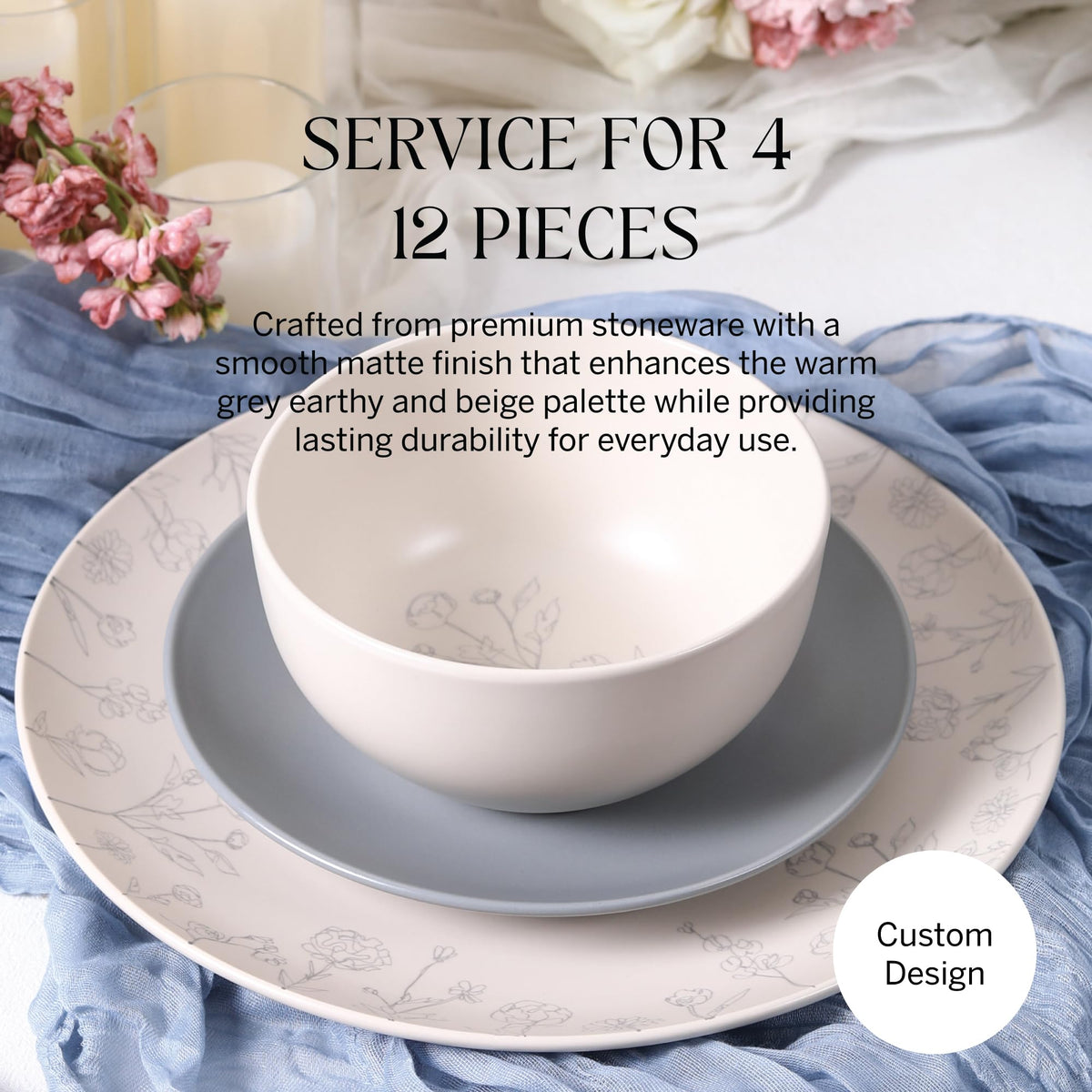 Lain Camelia 12-Piece Stoneware Dinnerware Set, Dinner Plates, Salad Plates & Bowls, Service for 4, Dishwasher &