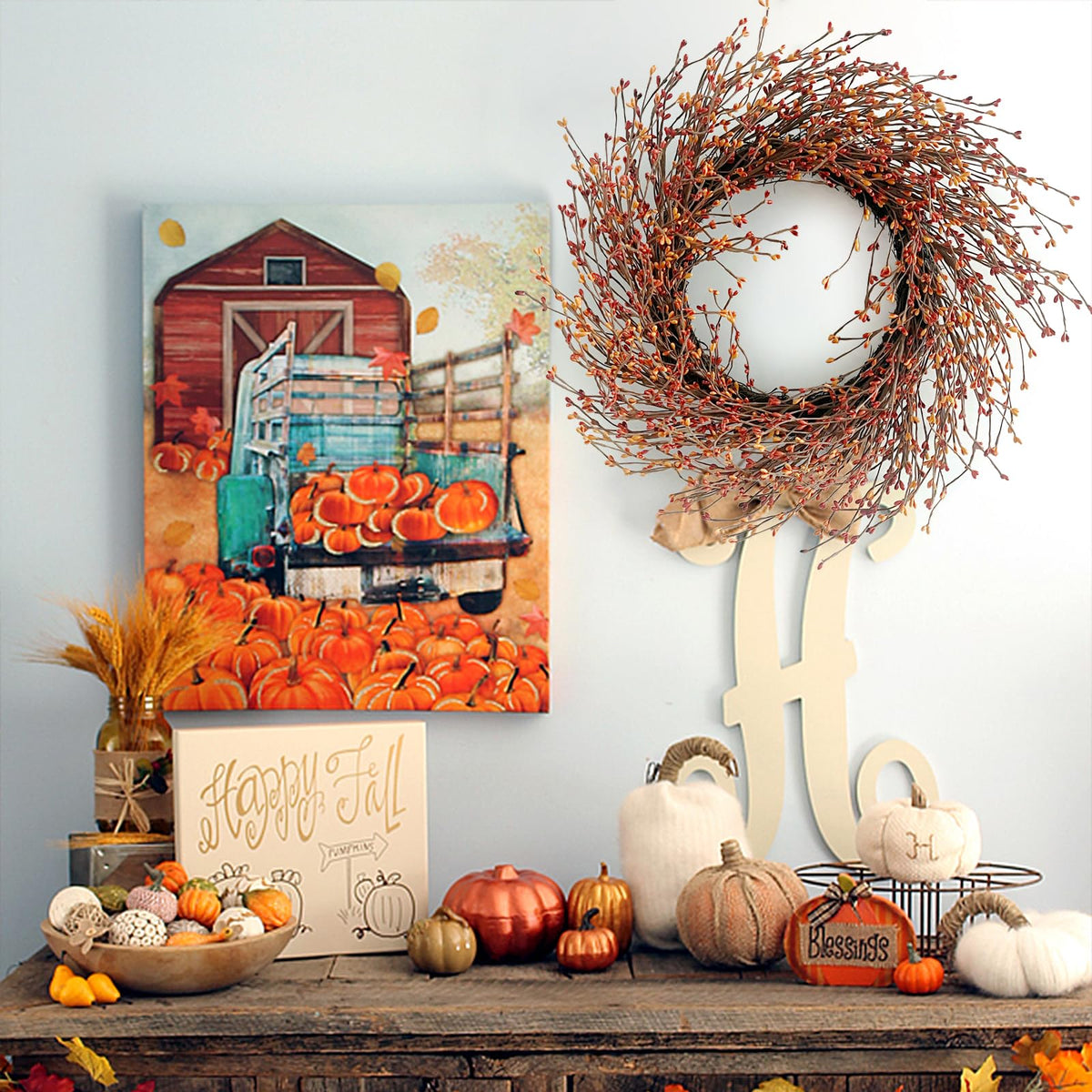 24 Inch Fall Wreath for Front Door Full Artificial Grapevine Wreath