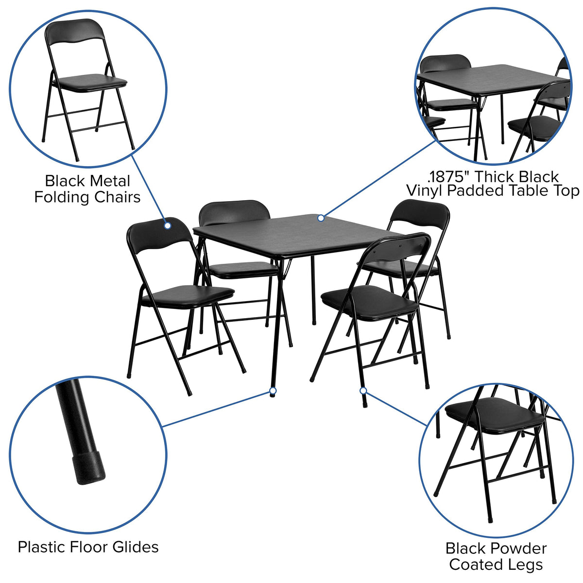 Madison 5-Piece Folding Card Table and Chair Set, Black