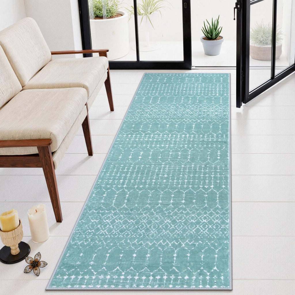 Moroccan Washable Runner Rug 2x8 Green Non-Slip Rug Runner Stain Resisitant Kitchen Carpet, Geometric Print