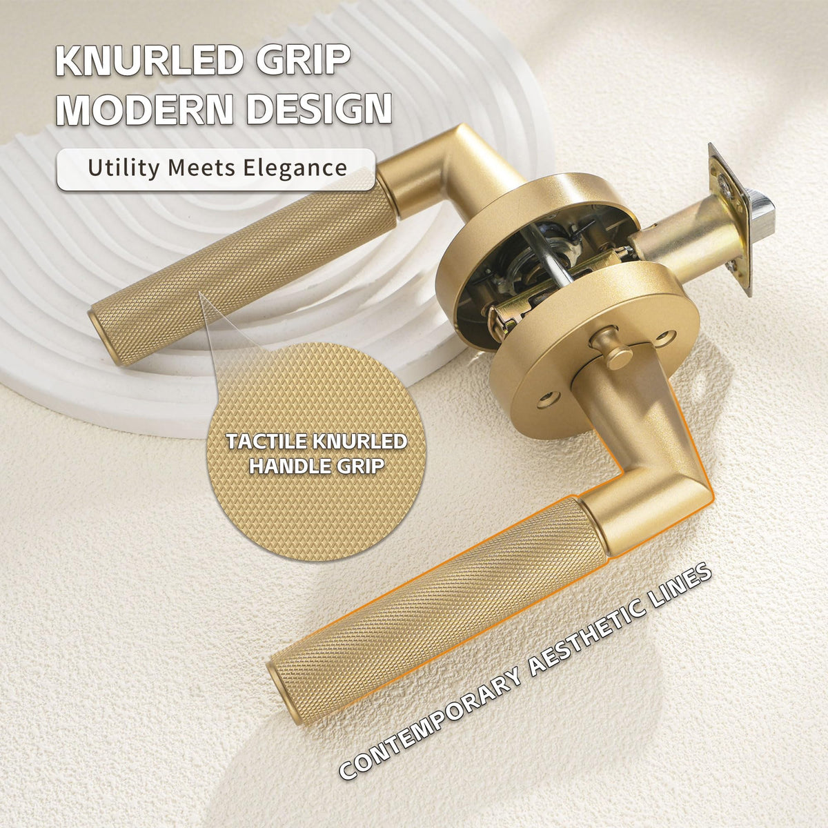 1 Pack Brushed Gold Knurled Interior Door Handle, Privacy Lock