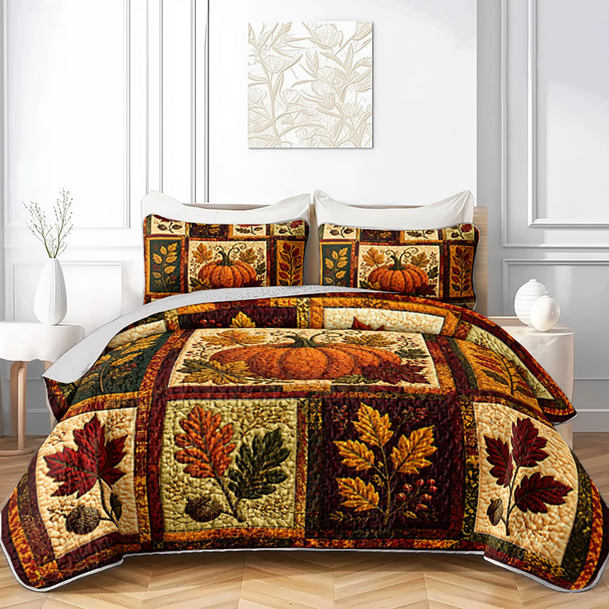 Fall Pumpkin Patchwork Quilt Set for Adults with 2 Pillowcases.