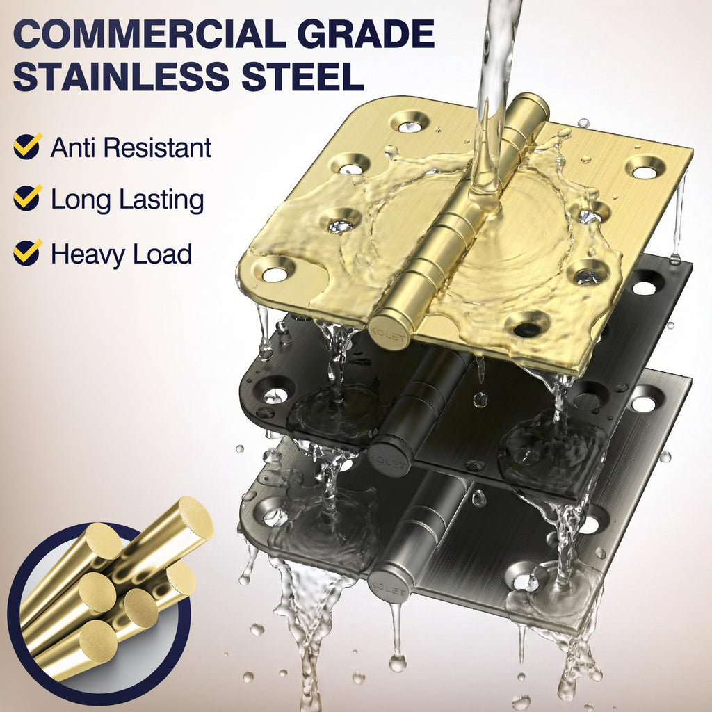 4 Inch Gold Ball Bearing Door Hinges Square and 5/8'' Radius 12 Pack