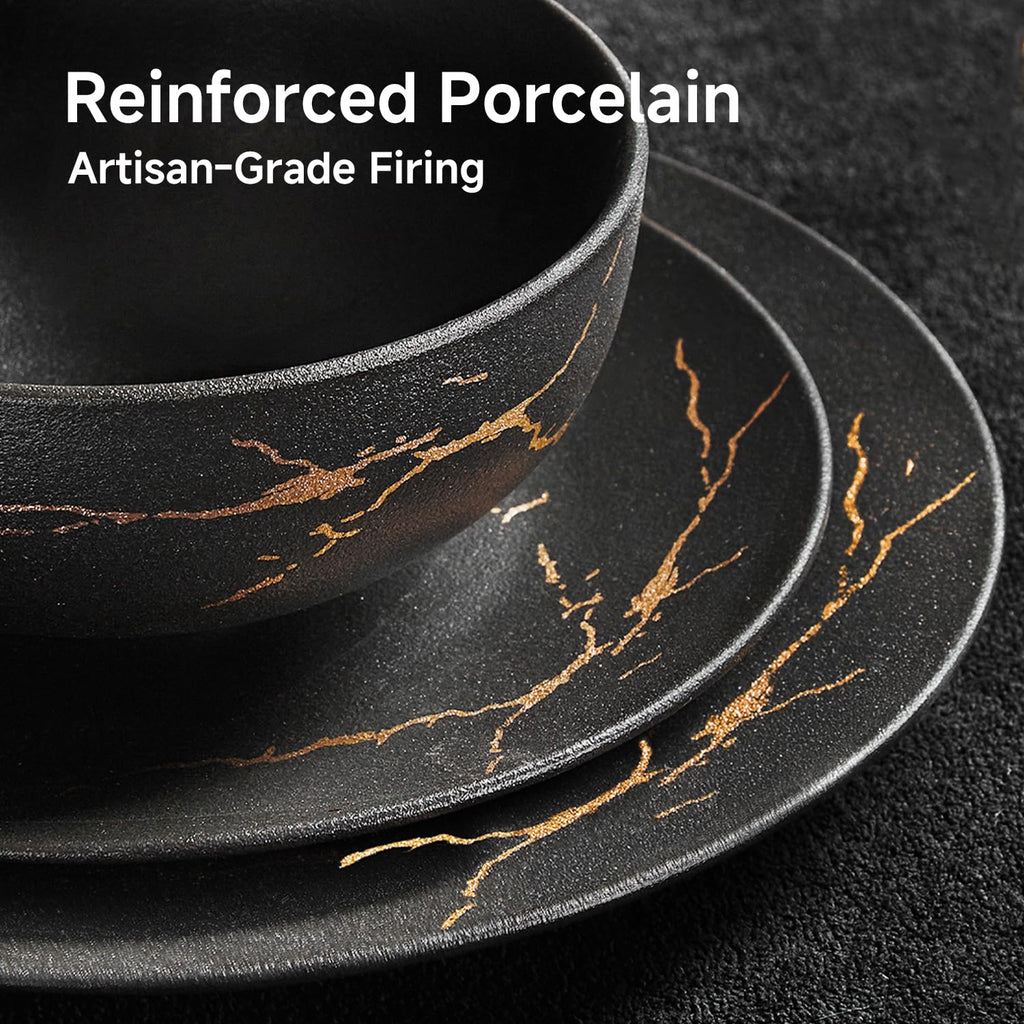 18-Piece Matte Crackle Dinnerware Sets, Black and Gold