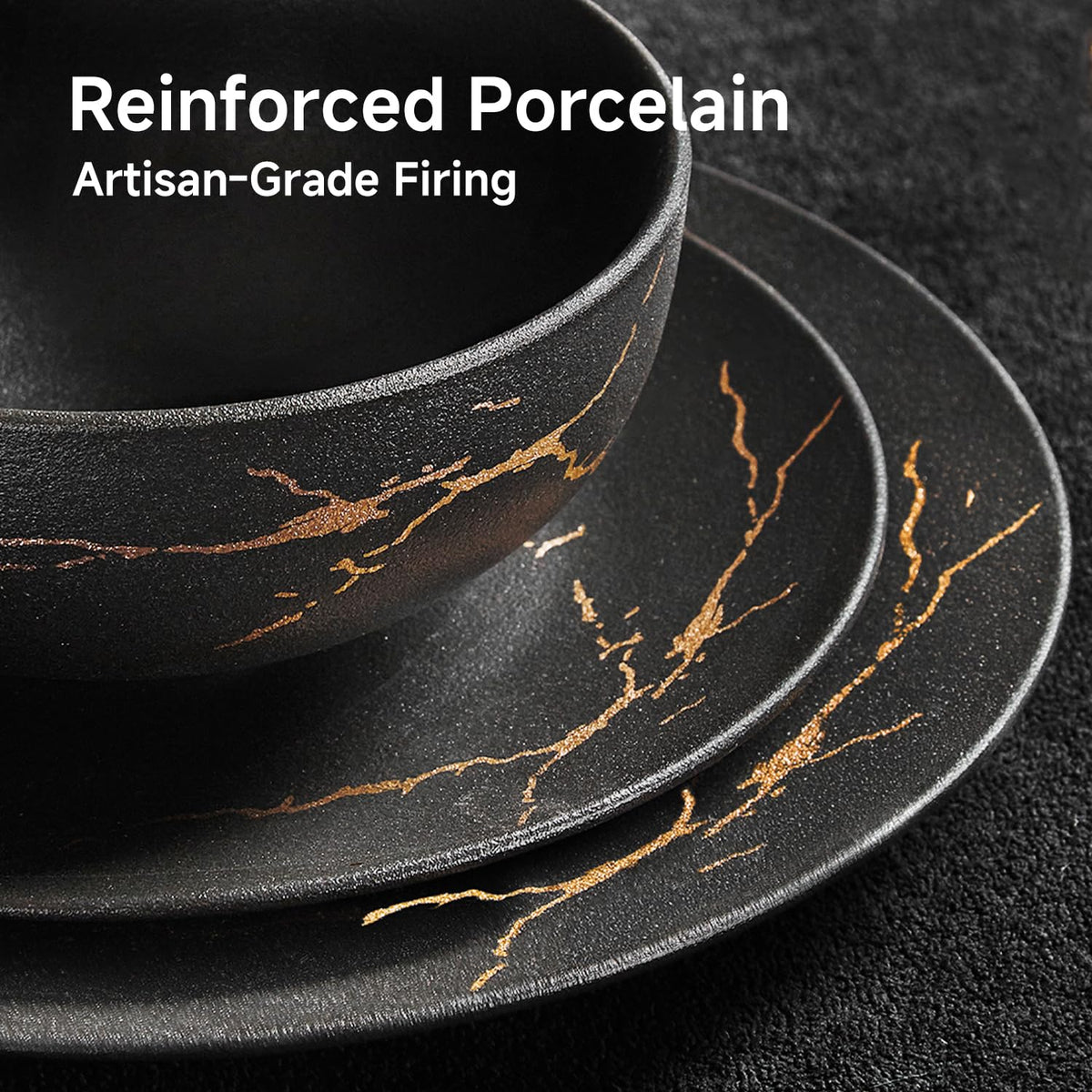 18-Piece Matte Crackle Dinnerware Sets, Black and Gold