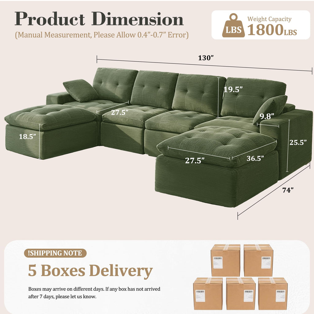 130.2" Cloud Boneless Sectional Couch, Upholstered Modular Sofa with 4-Layer 45D Foam, 27.5" Extra Deep Seat Cushion