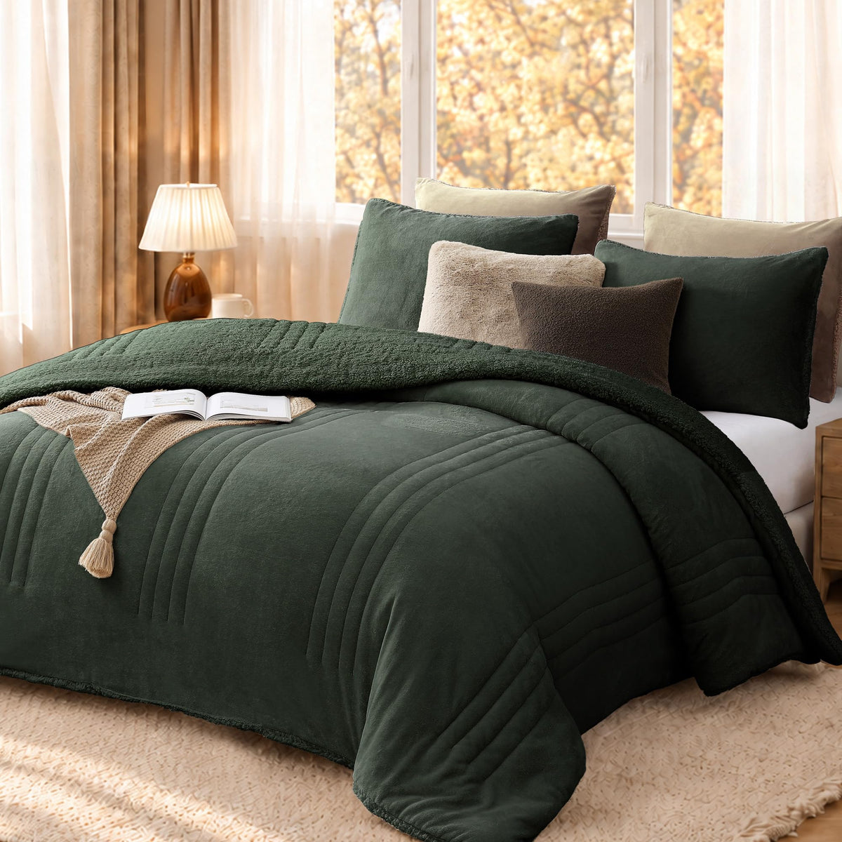 Comforter Sets Sherpa Fuzzy Bedding 3 Pieces, Deep Forest