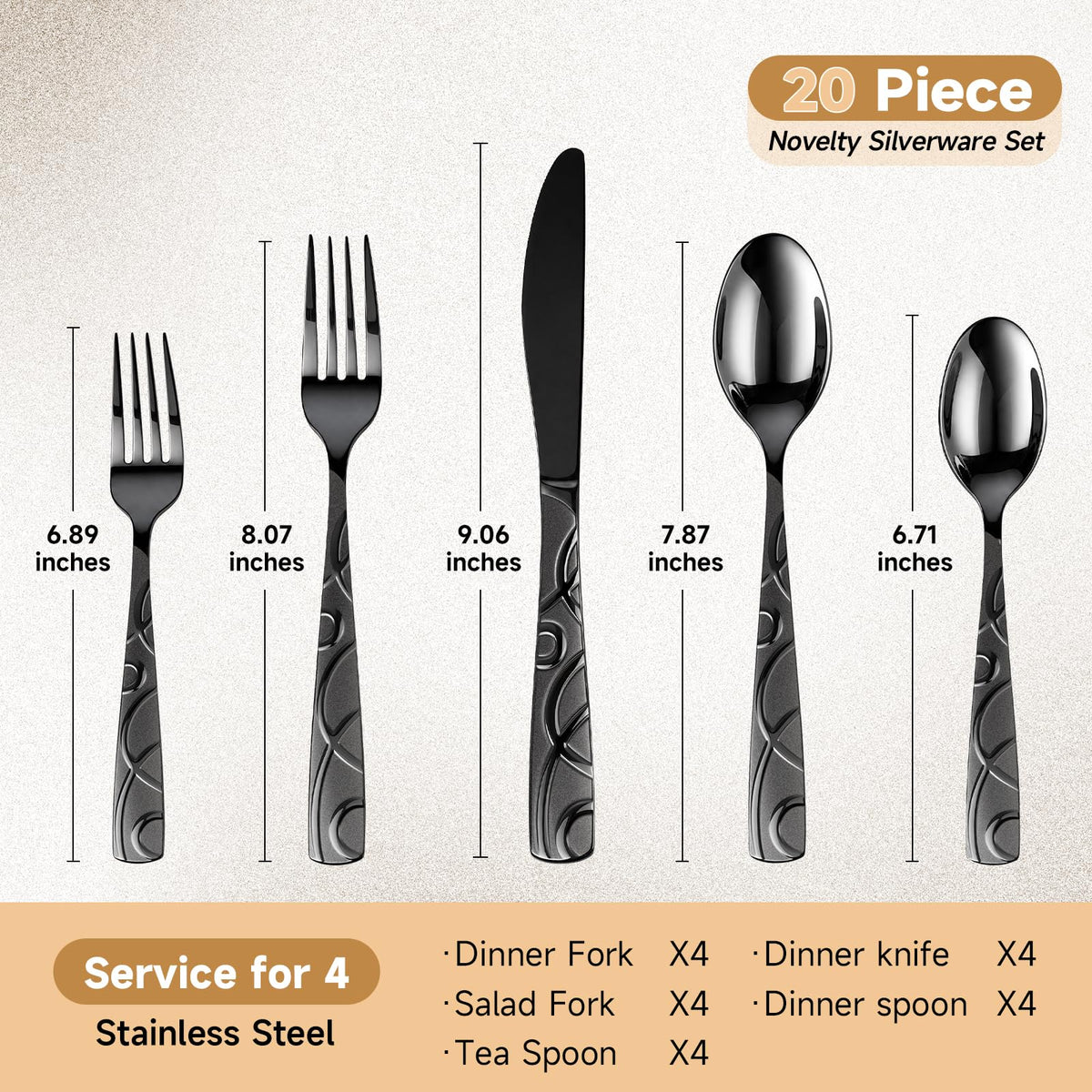 Black Silverware Set, 20 Piece Stainless Steel Cutlery Set for 4