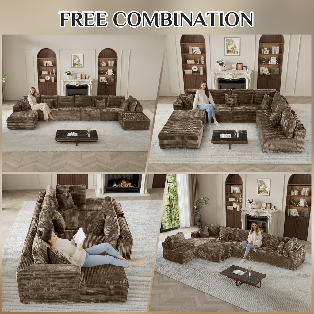 177" U-Shaped Boneless Cloud Modular Sectional Sofa, Brown