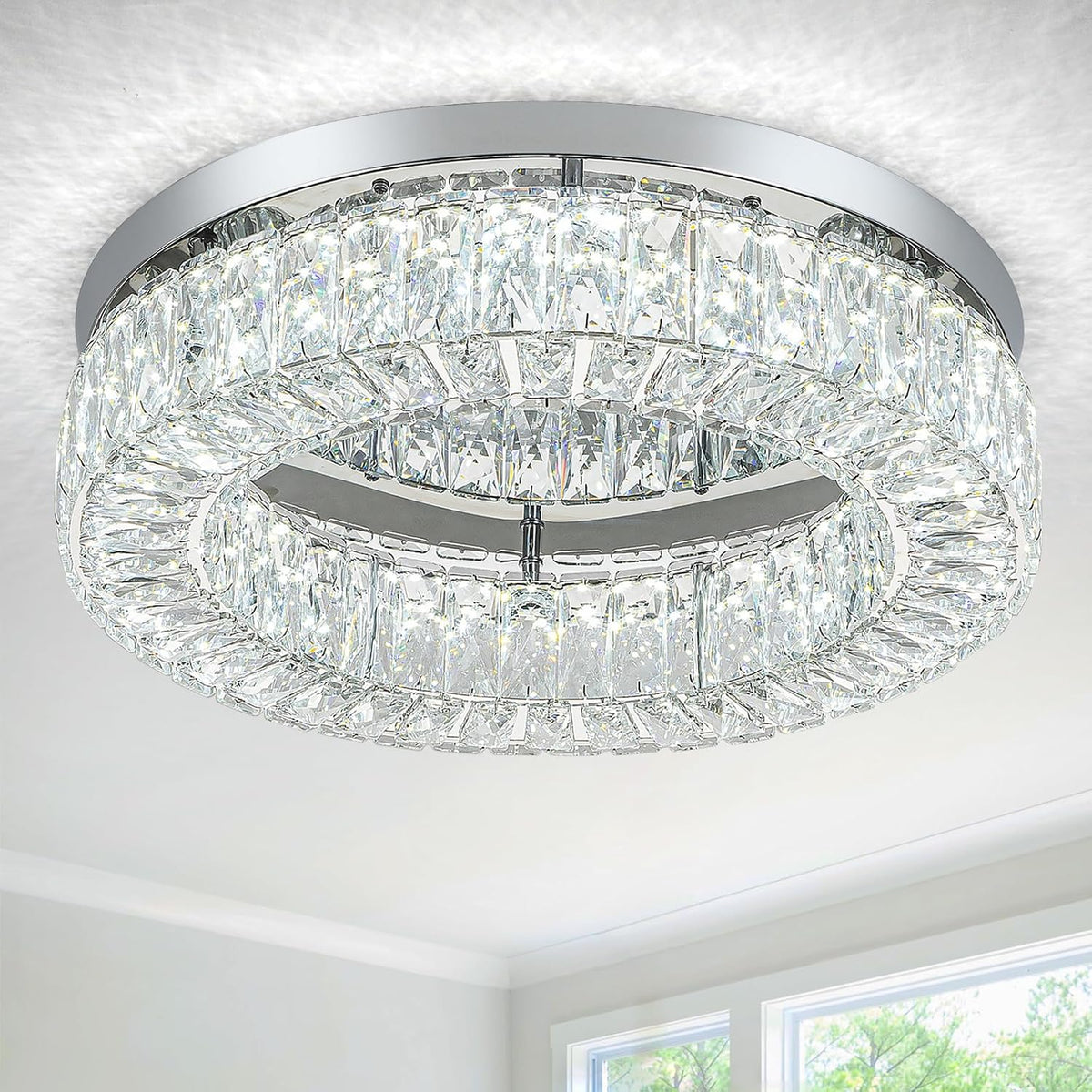 18-Inch Crystal LED Flush Mount Chandelier Ceiling Light for Bedrooms and Halls