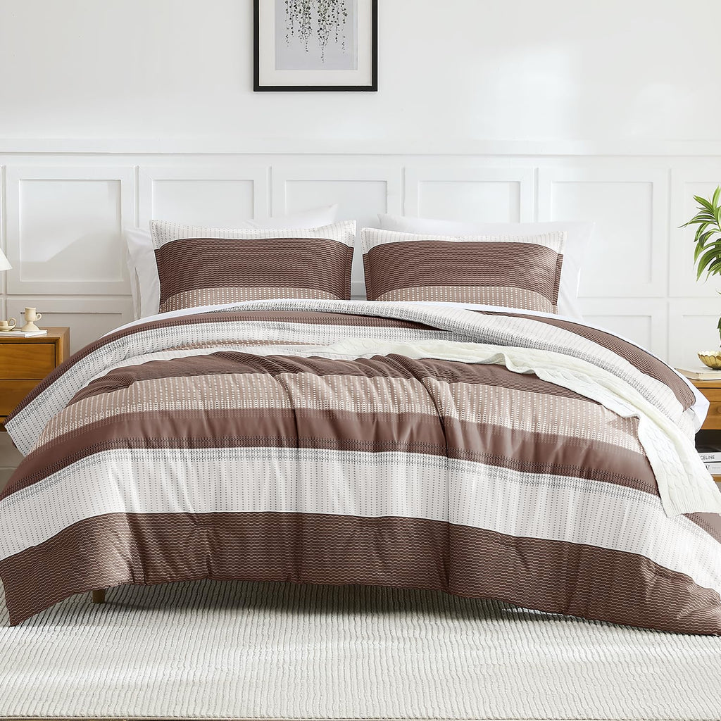 Brown Comforter Set - 3 Pieces Stripe Bed Set