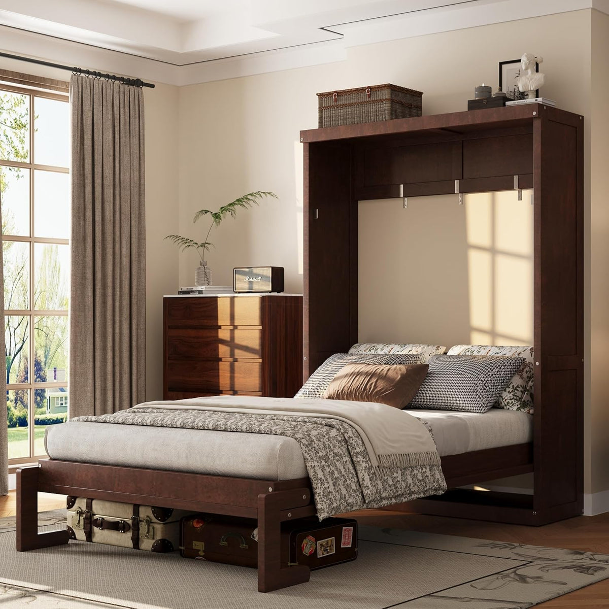 Twin Farmhouse Murphy Bed,Solid Wood Folding Vertical Murphy Wall Bed Cabinet for Bedroom Office,Space-Saving