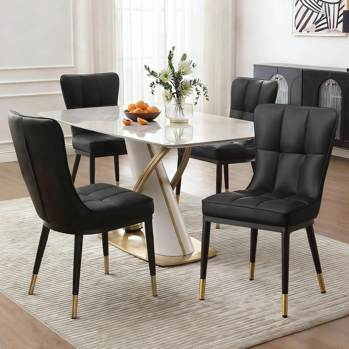 Modern Dining Chairs Set of 4, PU Leather Upholstered Kitchen Chairs with Thickened Seat, Metal Legs and Armless Design, Black