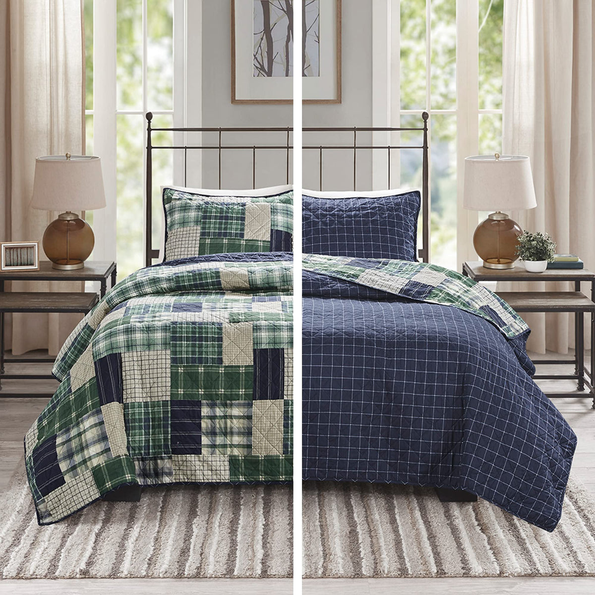 Patchwork Farmhouse Green/Navy Quilt Set, 3pc
