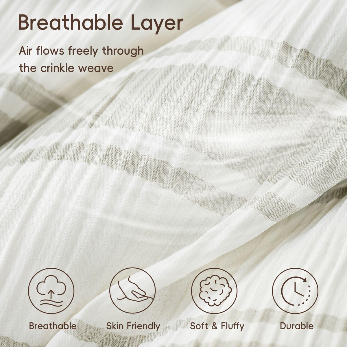 3-Piece Crinkle Comforter Set, Green Stripe, Soft & Breathable