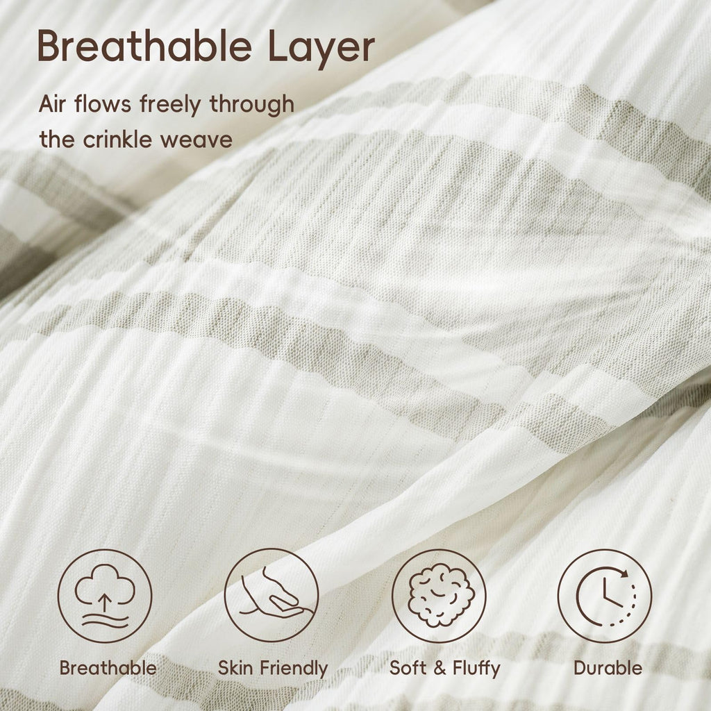 3-Piece Crinkle Comforter Set, Green Stripe, Soft & Breathable