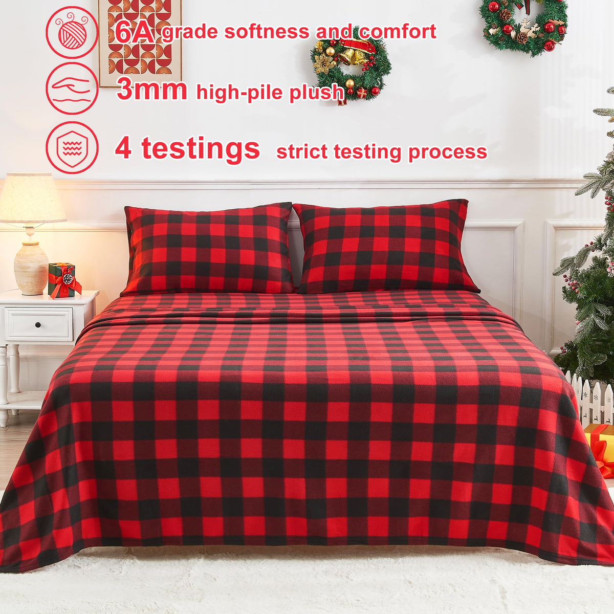Fleece Sheet Set, Soft Plush Bed Sheets, 4-Piece, Red Buffalo Plaid