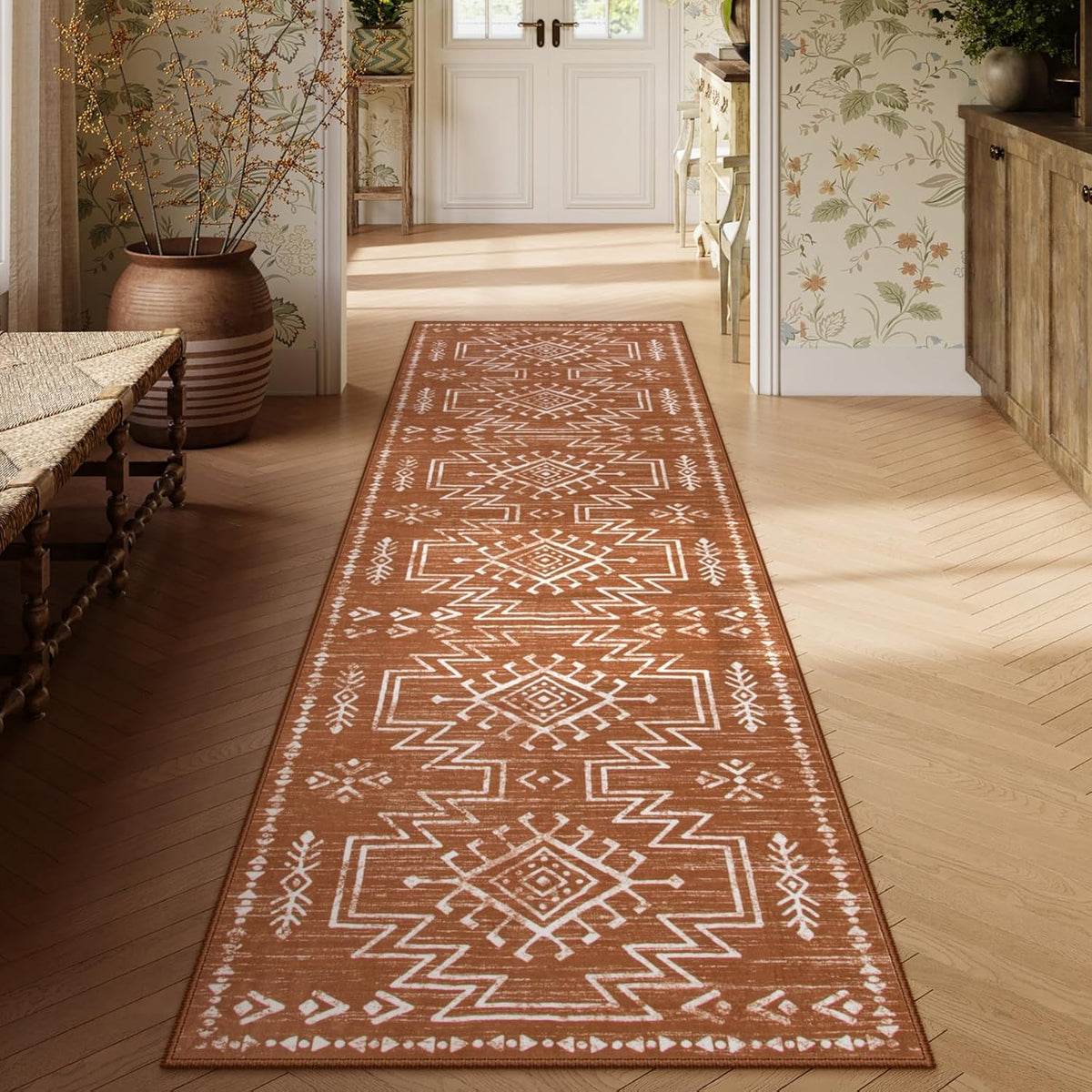Vivienne Orange Hallway Runner Rug Non Slip, Boho Washable Western Runner Rug, Stain Resistant Aztec Fall Long Carpte