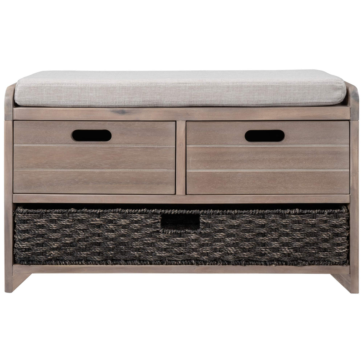 Farmhouse Storage Bench with 2 Drawers, Removable Cushion and Wicker Basket, Bedroom Living Room Bench for Small