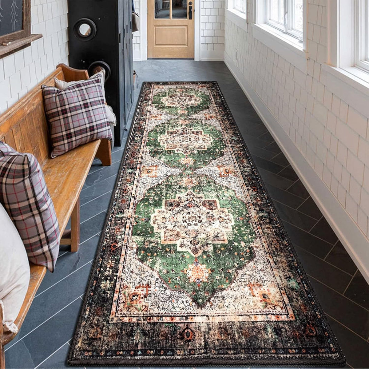 Runner Rug Green Boho Area Rugs for Hallway Indoor Laundry Room Bathroom Lightweight Non Slip Vintage Rug