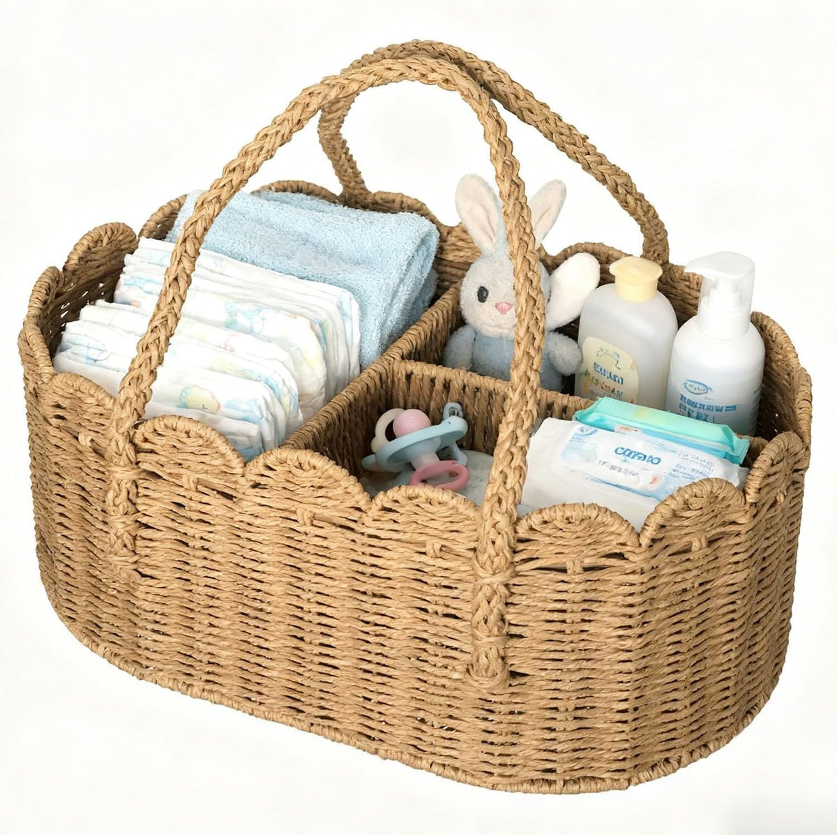 Diaper Caddy Organizer, Paper Rope Storage Baskets Nursery Bin with Removable Divider, Portable Car Organizer