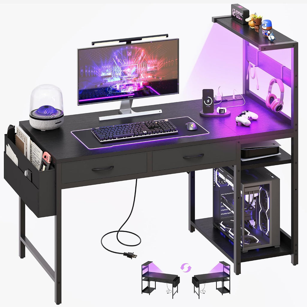 40 Inch Small Gaming Desk with Drawers & Led Lights & Storage Bag, Black | Reversible Storage Shelf, Power Outlets