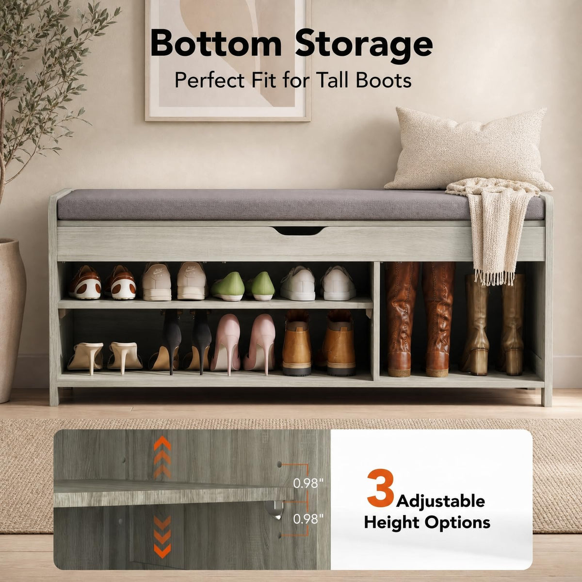 Shoe Storage Bench with Seating, Farmhouse Entryway Bench, Grey